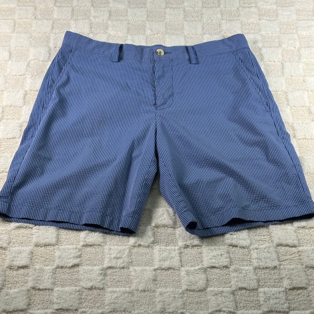 Southern Tide Mens Blue White Seersucker Striped Shorts Size 32 Skipjack Logo
